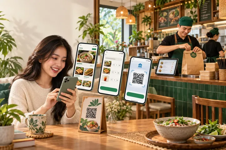 Khách order đồ ăn mang đi từ xa trên điện thoại, thanh toán QR và quán chuẩn bị món